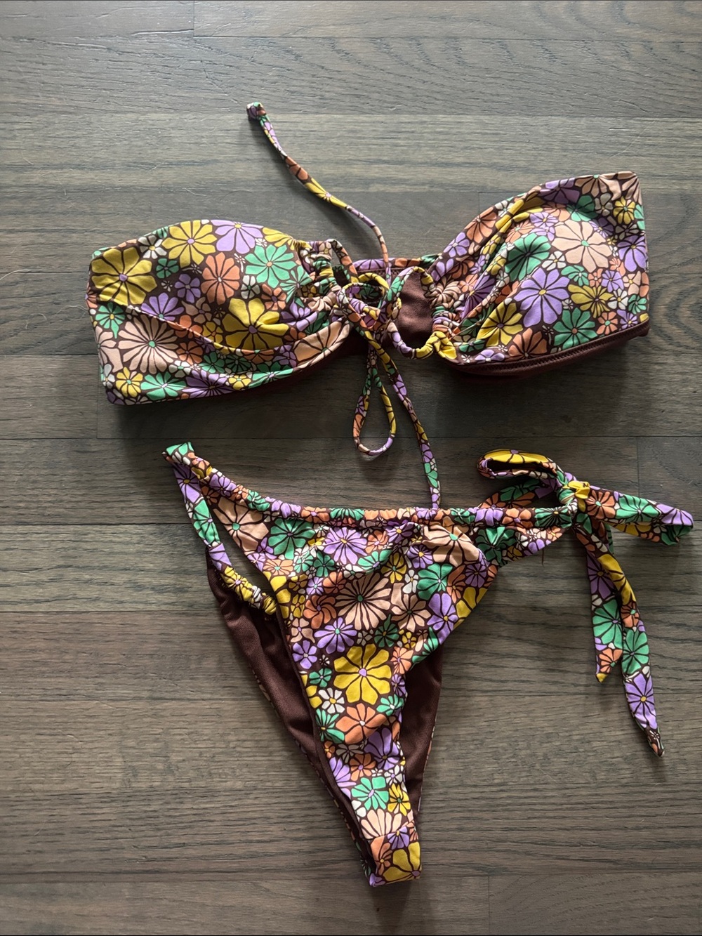 Roxy Floral Bandeau Bikini - Brown, Yellow, Green, Purple, Pink